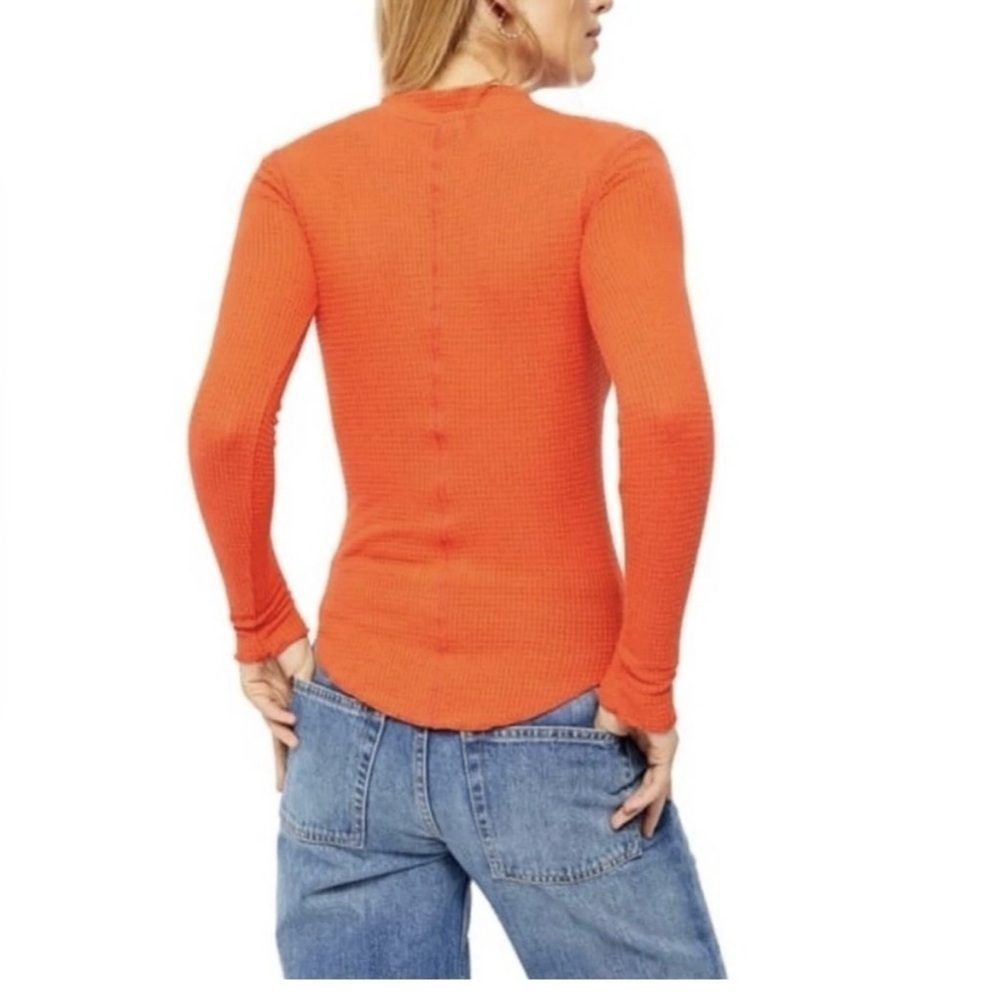 Free People One of The Girls Thermal Henley Top Sz Small Red Orange Coral - Picture 2 of 9